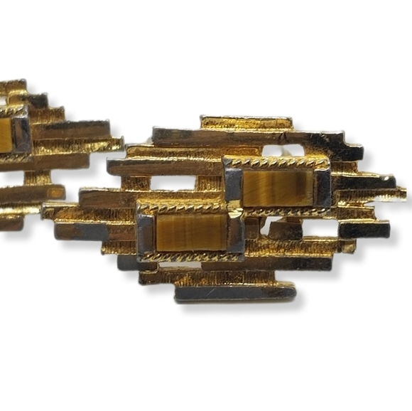 CHRISTIAN DIOR VINTAGE MID CENTURY MODERN GOLDPLATED & TIGERS EYE MENS CUFFLINKS - Picture 2 of 8